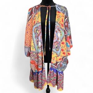 Umgee Boho Patchwork Print Kimono Duster Textured Tiered Hem Women Small/Medium